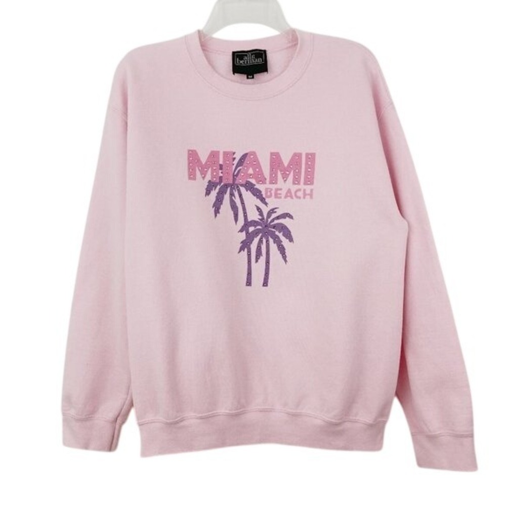 Alla Berman Miami Beach‎ Sweatshirt Size M Pink Crewneck Rhinestone Embellished